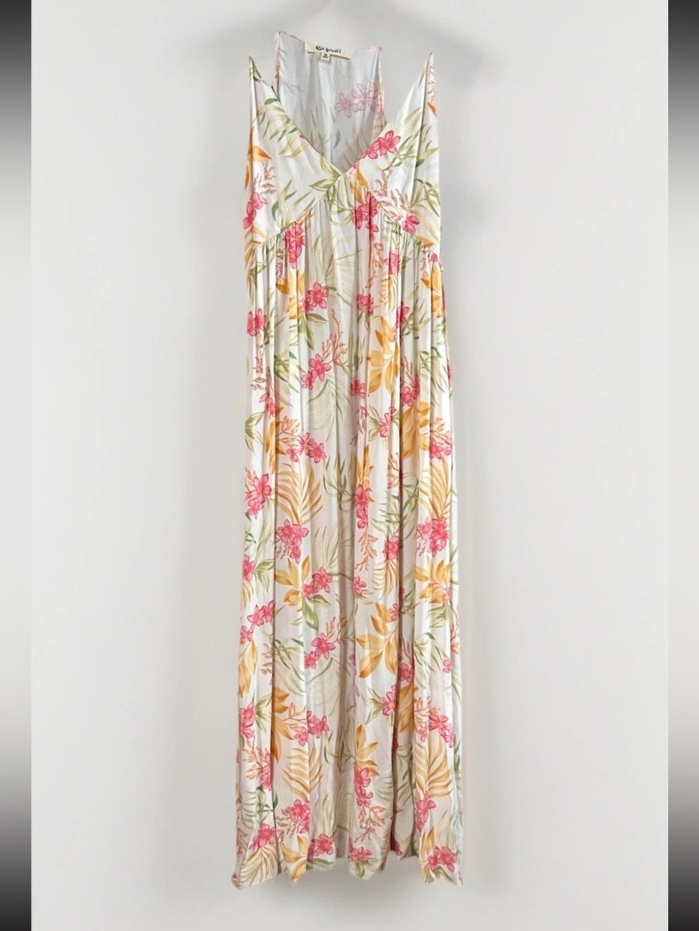 Rip Curl White Maxi Dress with Pink Floral and Yellow Leaf Print